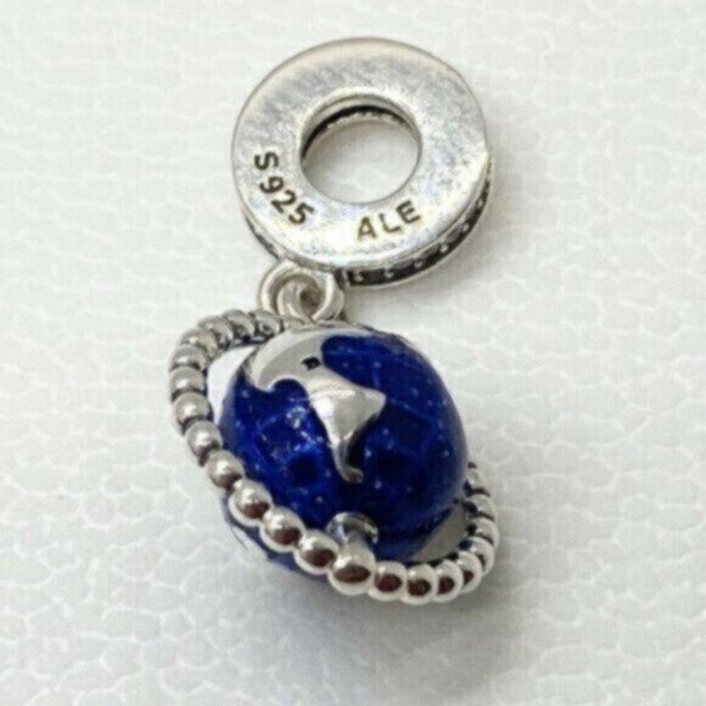 Authentic Pandora Charm Silver Blue Spinning Globe